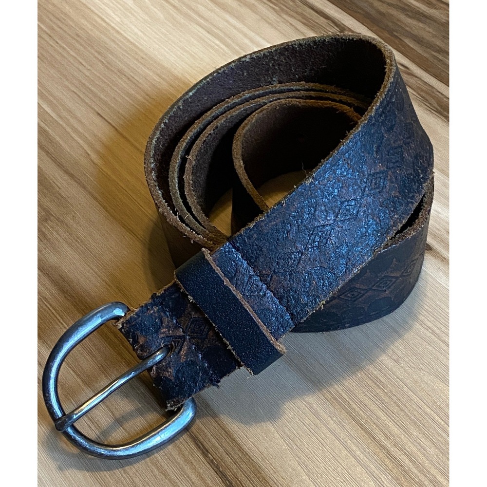 Vintage Embossed Leather Belt Mens Brown Geometric Diamond Pattern Distressed 28